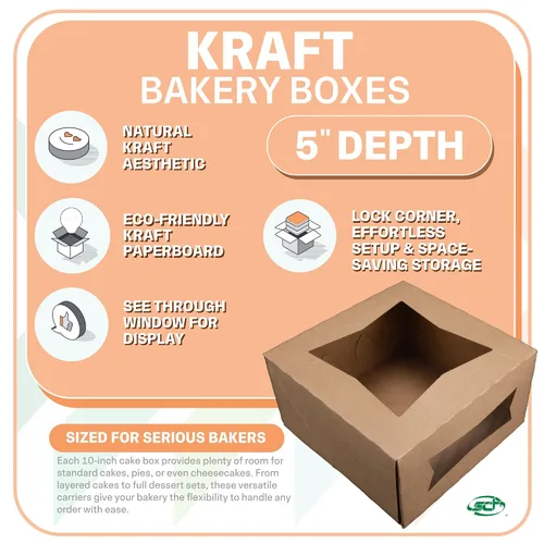 Miniatura 3 de Southern Champion Tray 23053K Caja de panadería de ventana de esquina con cerradura de cartón Kraft, 10 pulgadas de largo x 10 pulgadas de ancho x 5