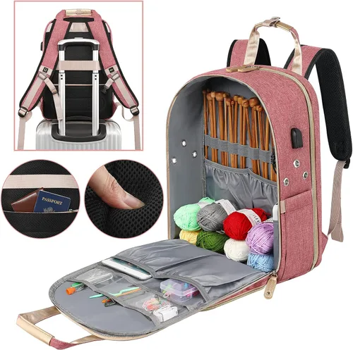 Miniatura 4 de SINVICKO Bolsa de ganchillo, mochila de tejido y organizador de bolsas con puerto de carga USB, bolsa grande de almacenamiento de hilo Rosa