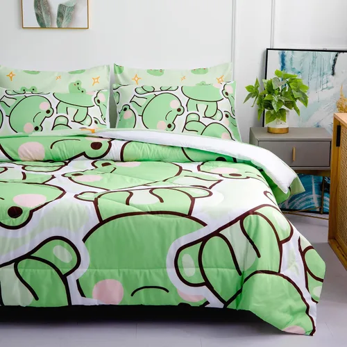 Miniatura 7 de MUSOLEI Juego de edredón de rana de 7 piezas para niños y niñas, juego de ropa de cama tamaño individual para todas las estaciones