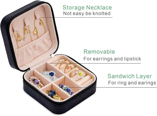 Miniatura 6 de Mini estuche de viaje de joyería, organizador de viaje de cuero para mujeres y niñas, pequeñas cajas de joyería para regalos, organizador de joyas