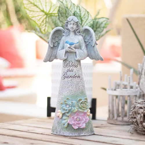 Estatua de jardín de ángeles, decoración al aire libre, jardín de ángel sosteniendo pájaro con luces solares, regalos de jardinería para mamá