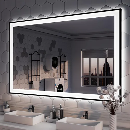 ISKM Espejo LED con marco para baño de 55"x36", espejo de baño LED regulable con luces, antivaho, espejo iluminado frontal y retroiluminado de 3