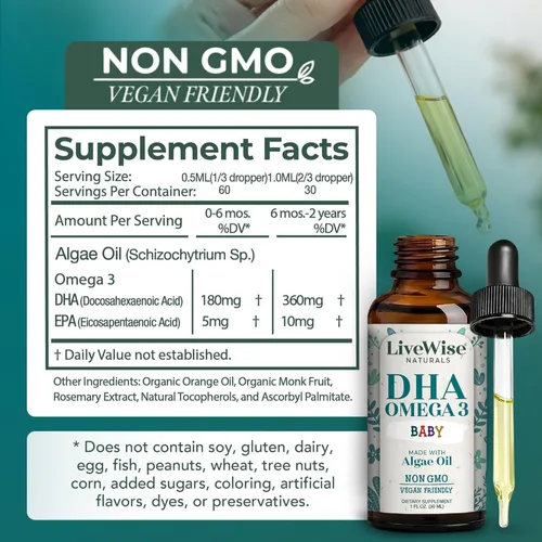 Miniatura 2 de LiveWise Naturals Omega 3 DHA Baby Drops - Omega 3 líquido vegano para bebés o bebés de hasta 2 años - Suplemento esencial de DHA para el cerebro