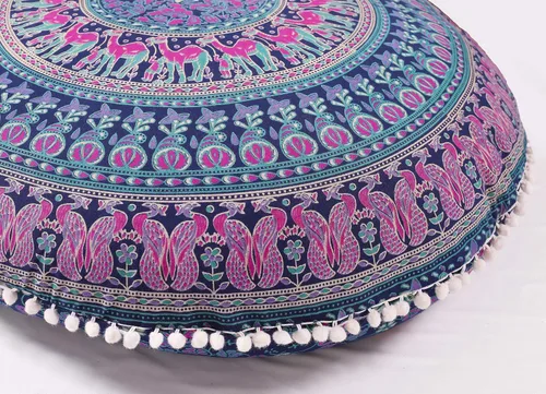 Popular Handicrafts Funda de cojín de suelo – Funda de cojín de mandala de elefante hippie grande de algodón – Funda de puf redonda bohemia Azul y