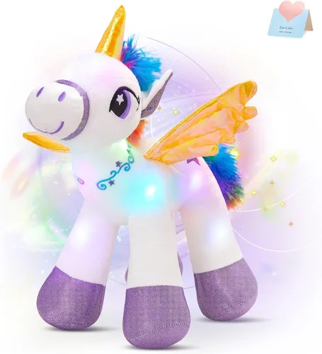 Miniatura 8 de Houwsbaby Peluche de unicornio con luz LED púrpura de 14 pulgadas, juguete de peluche de unicornio, juguete de peluche de caballo brillante, luz