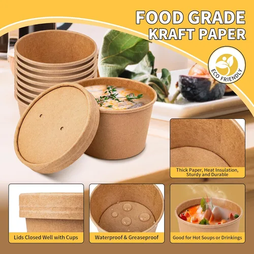 Miniatura 4 de PakTalk Recipientes de papel para sopa con tapas, paquete de 50 cuencos de sopa marrones, tazas biodegradables para helado con tapas para sopa