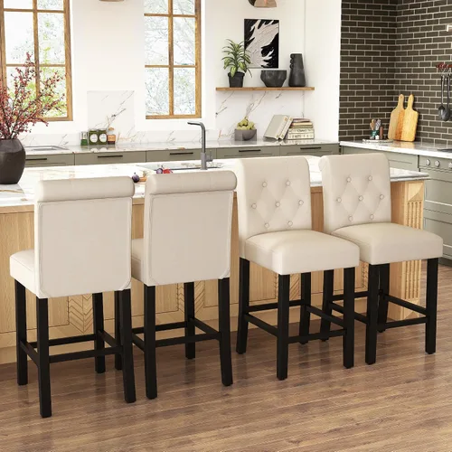 Miniatura 8 de GOTMINSI Taburetes de tela beige de 24 pulgadas, juego de 2 sillas tapizadas de altura de mostrador con decoración copetuda de estilo ocio