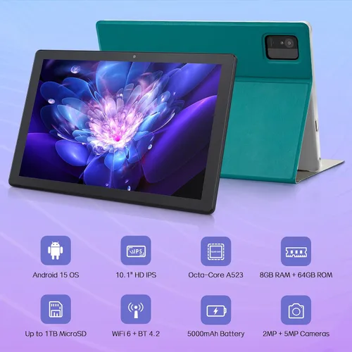 Miniatura 2 de Tabletas Android 15, tableta Android de 10.1 pulgadas con 8 GB de RAM y 64 GB de ROM, ampliable a 1 TB, procesador Octa-Core, pantalla HD IPS, WiFi