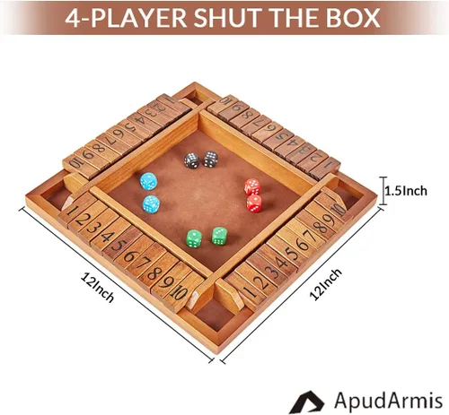 Miniatura 4 de ApudArmis Shut The Box de 4 vías, juego de mesa grande de madera con dados, 4 formas de jugar Shut-The-Box para adolescentes, complemento