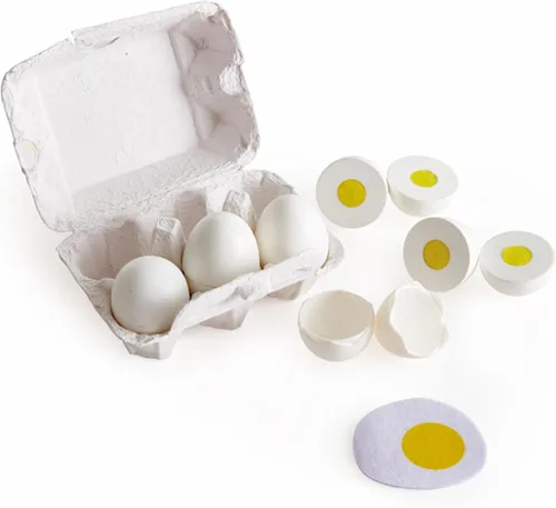 Hape Cartón de huevos | 3 huevos duros con cáscara fácil de despegar y 3 fritos, juguete educativo realista de madera para niños de 3 años en