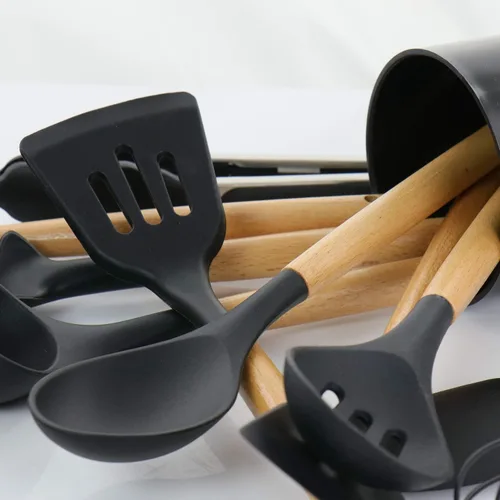 Miniatura 3 de Megachef Juego de utensilios de cocina de madera, 12 piezas, textura negra y madera