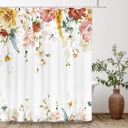Miniatura 19 de Tititex Blomming - Cortina de ducha floral blanca brillante, hojas verdes acuarela en la parte superior, decoración de baño de planta