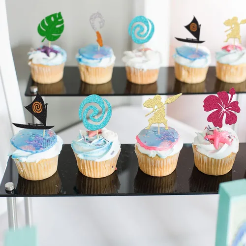 Miniatura 6 de 24 piezas inspiradas en Mo para cupcakes de cumpleaños con purpurina de hoja de palma, flor de moana, decoración de fiesta de cumpleaños hawaiana