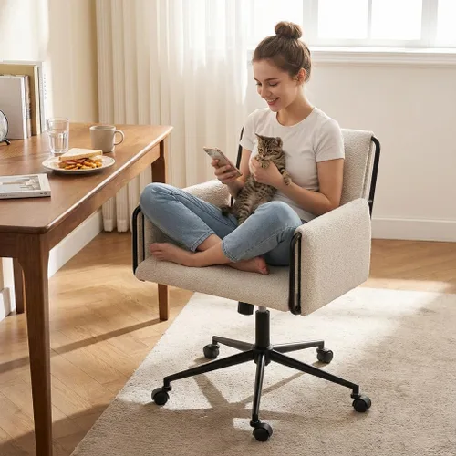 Miniatura 9 de YOUNIKE Silla de oficina en casa con brazos, silla de escritorio moderna con ruedas, sillas de tocador de tela con cómodas patas cruzadas traseras