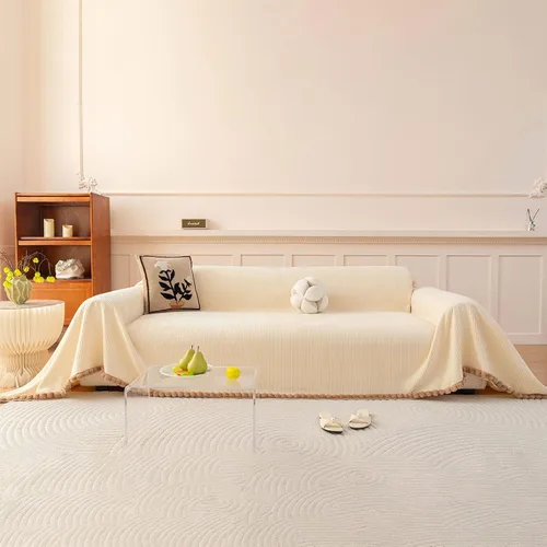 Beige Boho Striped Couch Cover for Sectional, Soft Chenille Jacquard Sofa Cover for 2 Cushion Couch with Pom Pom Edge, Pets Sofa Protector for