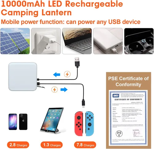Miniatura 7 de Linterna LED recargable para campamento, 10,000 mAh, luces de campamento portátiles de hasta 90 horas y 4 modos de luz, IPX5 impermeable, esenciales
