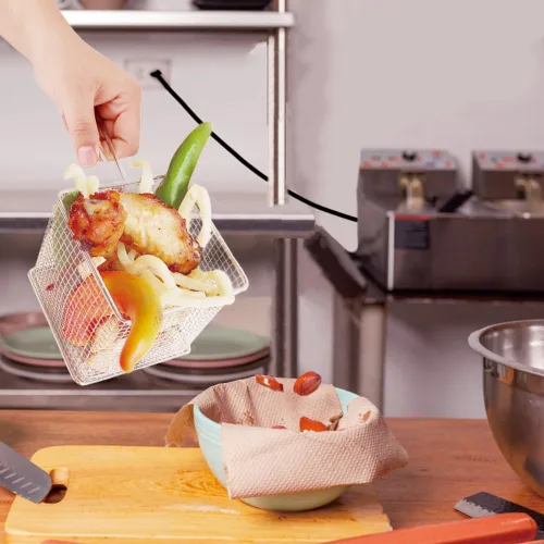 Miniatura 2 de Cesta para freidora, mini cestas de papas fritas, red de acero inoxidable sólido, colador cuadrado, herramienta con mango antideslizante