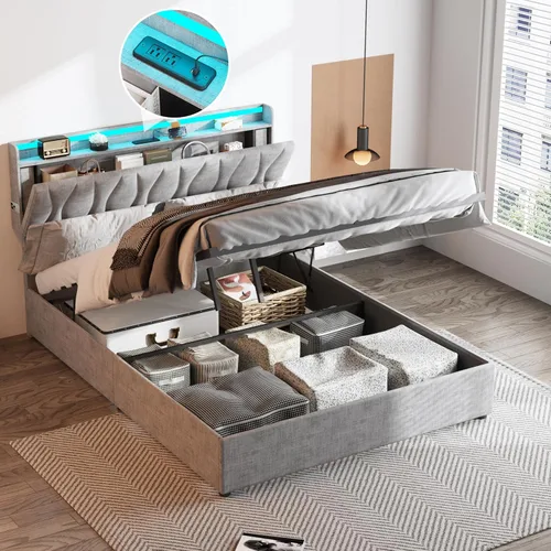 Miniatura 12 de Fameill Marco de Cama Twin con Almacenamiento Elevable, Cabecera Ajustable, Estación de Carga, Luces LED, Listones de Madera, Sin Ruido, No Requiere