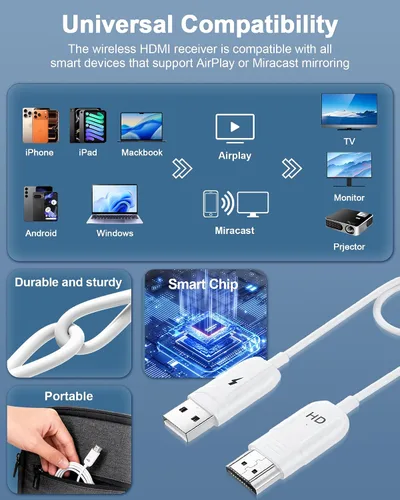 Miniatura 6 de Adaptador de pantalla HDMI inalámbrico, cable HDMI inalámbrico para AirPlay/Miracast a 1080P HDTV de pantalla grande, adaptador de dongle de espejo