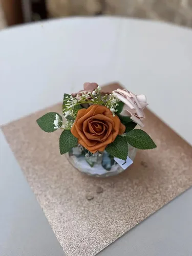 Miniatura 5 de Flores artificiales, 25 unidades, tonos de naranja quemado, rosas de espuma de aspecto real, rosas falsas con tallos para ramos de boda, centros