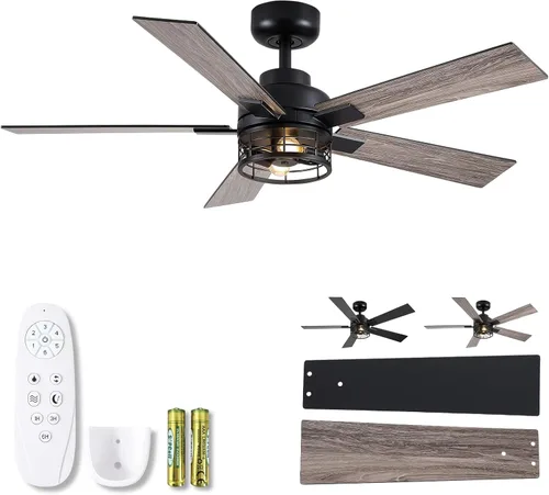 Miniatura 29 de Ventiladores de techo modernos con luces, ventilador de techo negro de 52 pulgadas para exteriores con luz y control remoto, motor CC reversible, 6