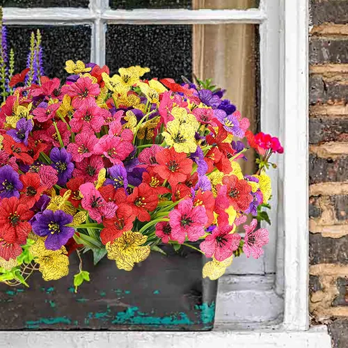Miniatura 8 de 16 paquetes de flores artificiales de verano, flores artificiales a granel UV para macetas de jardín, patio, porche al aire libre, decoración