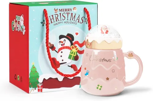 Miniatura 9 de Taza navideña PARSUP, lindas tazas de té de cerámica con tapa de Santa, taza novedosa para leche, café, chocolate caliente, regalo para mujeres