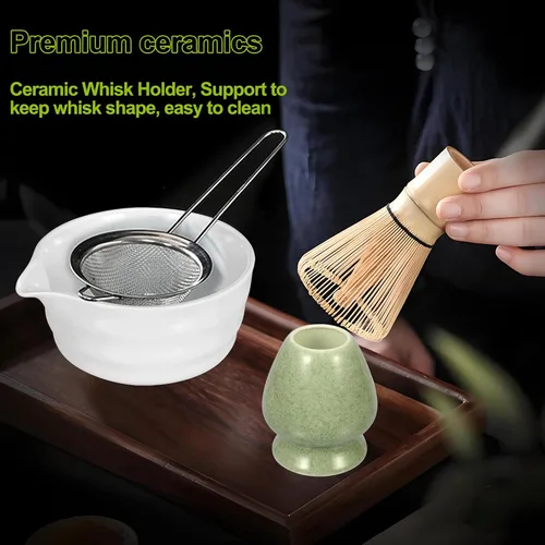 Miniatura 5 de Juego de 5 batidores de matcha, batidor de matcha, soporte de batidor de cerámica, cuchara y cuchara de bambú, tamiz de iniciación en polvo