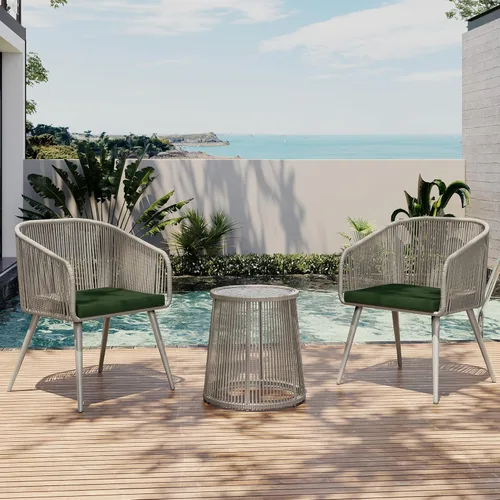 Miniatura 10 de East Oak Juego de 3 piezas para patio bistró, juego de conversación de patio con 2 sillas ergonómicas anchas, cojines y mesa auxiliar de cristal
