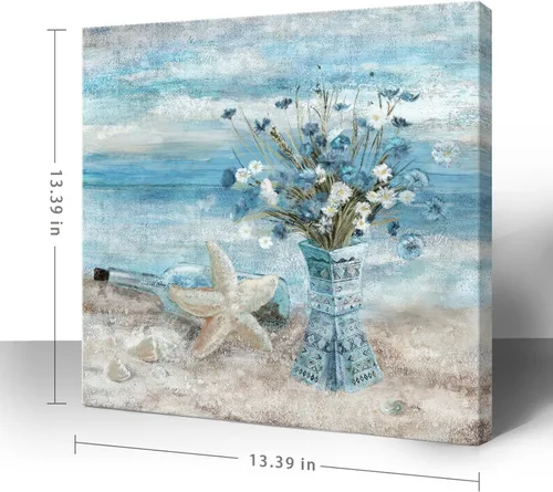 Miniatura 2 de Arte de pared para decoración de baño, imagen de playa azul, tema oceánico, impresión en lienzo de flores, pintura moderna de paisaje marino