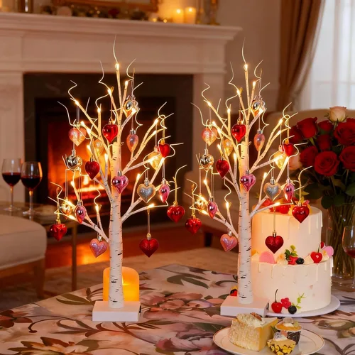 Miniatura 7 de Lámpara romántica de abedul en forma de corazón, árbol de abedul blanco iluminado con 24 luces LED y 18 corazones colgantes, decoración de mesa a