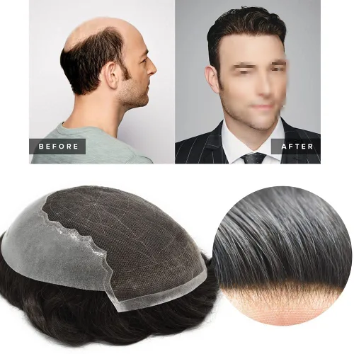 Miniatura 4 de Toupee para hombres Cabello humano real suave encaje suizo para hombre Toupee Hair Piece Sistema de reemplazo para hombres Sistema de cabello
