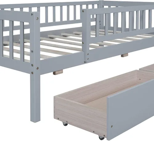 Miniatura 5 de Bellemave Marco de cama individual con rieles para niños, marco de cama individual con cajones para niños/niñas/adultos, color gris