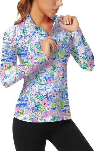 Miniatura 138 de WOWENY Camiseta deportiva de manga larga para mujer, con cremallera de un cuarto, cuello para entrenamiento, camiseta de tenis con estampado