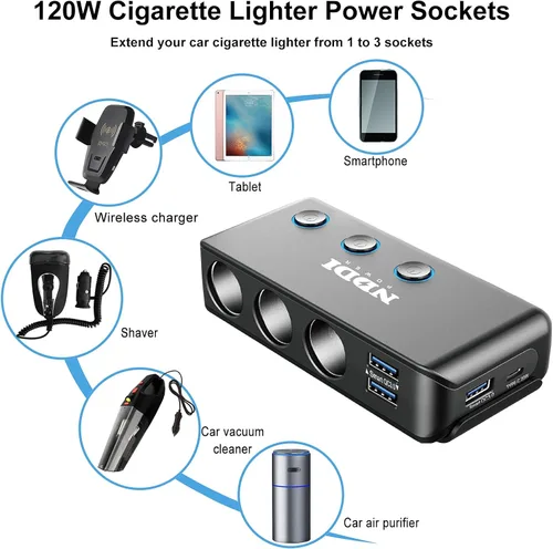 Miniatura 3 de Divisor de Encendedor de Cigarrillos, Adaptador de Coche NDDI POWER 12V/24V de 3 Enchufes con 20W PD3.0 USB-C y Tres Puertos USB QC3.0, Encendedor