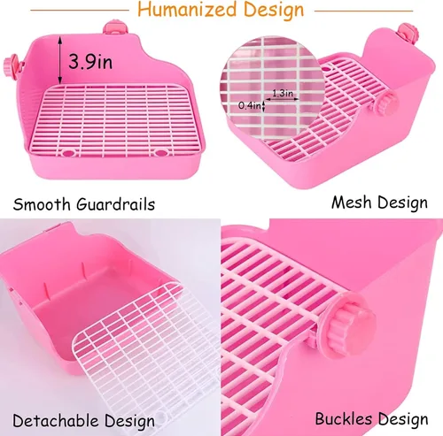 Miniatura 4 de PINVNBY Caja de arena de conejo para jaula de conejo, caja de ropa de cama de esquina para animales pequeños, bandeja colgante para mascotas, jaula