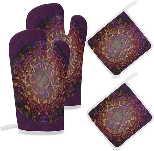 Guantes de horno y agarraderas con calendario maya azteca, guantes de barbacoa, guantes de cocina para cocinar, hornear y asar a la parrilla