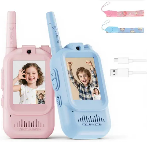 Miniatura 8 de Walkie Talkies de video para niños, paquete de 2 cajas de regalo recargables para niños con estuche de silicona, walkie talkies para jugar