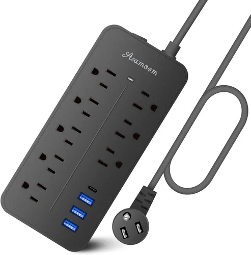Miniatura 9 de Protección contra sobretensiones de 5 pies con cable plano de extensión, regleta de alimentación con enchufe plano listada por ETL, 8 tomas de CA, 4