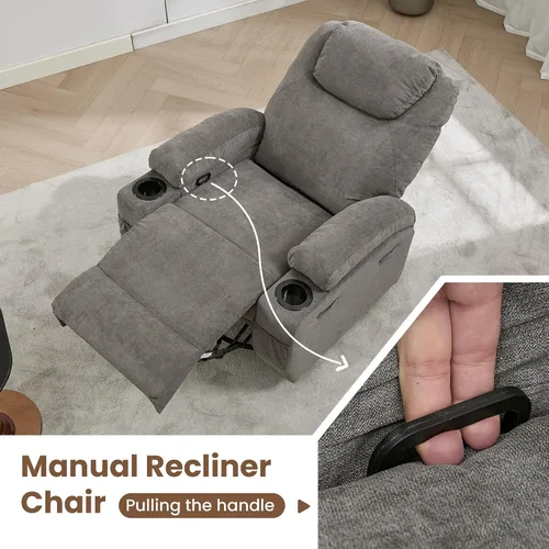 Miniatura 4 de Silla reclinable giratoria de 360° con masaje y calor para adultos, silla reclinable eléctrica con cojín suave y bolsillo lateral, cómoda mecedora