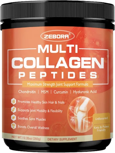 ZEBORA Péptidos multicolágeno en polvo con MSM y CS, péptidos de colágeno hidrolizados tipo I II III V X con ácido hialurónico y vitamina C para