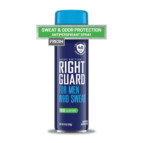 Right Guard Sport Fresh Scent Antiperspirant & Deodorant Spray - Spray desodorante de protección 4 en 1 para hombres, bloquea el sudor, protección