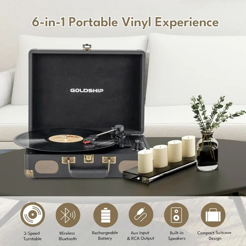Miniatura 2 de Tocadiscos de vinilo portátil de 3 velocidades con Bluetooth con batería recargable, diseño retro de maleta, salida de línea Aux in/RCA y puertos