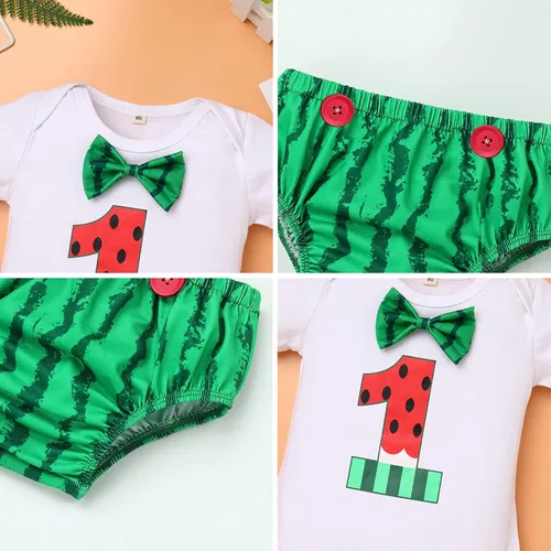 Miniatura 13 de Conjunto de 4 piezas de 3 piezas para bebé, diseño de sandía, para el primer cumpleaños, para tarta, de manga corta, pañales, con tirantes