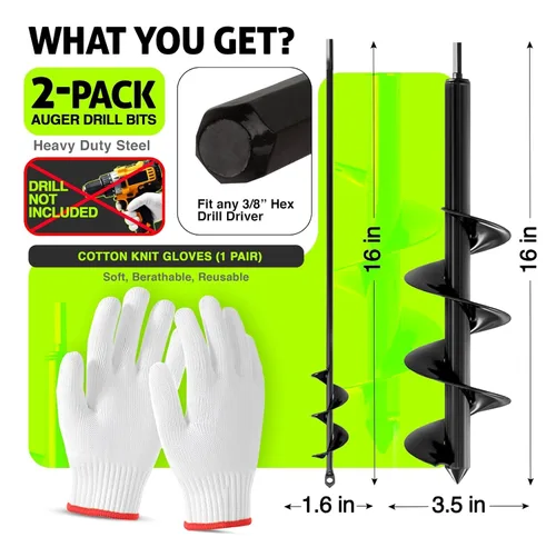 Miniatura 2 de Paquete de 2 brocas de barrena para plantar con guantes (juego de 1.6 x 16 pulgadas y 3.5 x 16 pulgadas) - Herramienta plantadora en espiral