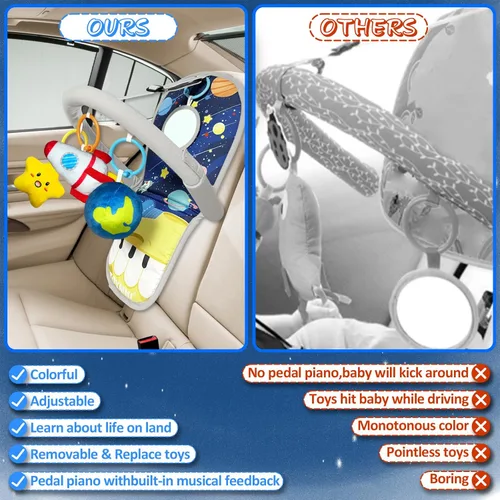 Miniatura 6 de Juguetes de asiento de automóvil para bebés de 6 meses en adelante, juguetes de asiento de automóvil con piano de pedal musical, espejo de bebé