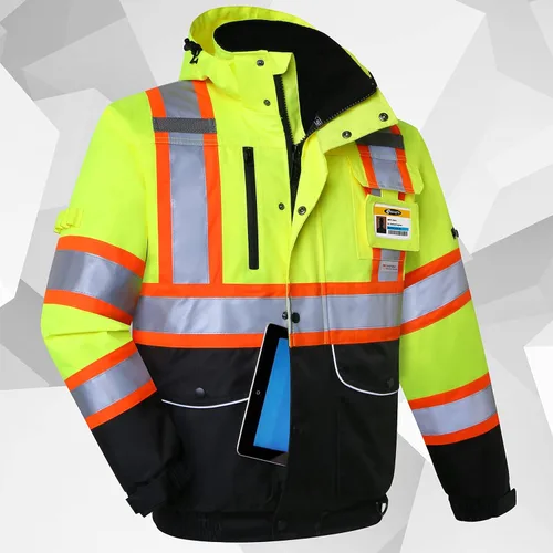 Miniatura 2 de JKSafety Chaqueta bomber de invierno reflectante 3M impermeable de alta visibilidad con 10 bolsillos Parte inferior amarillo neón negro Bolsillo