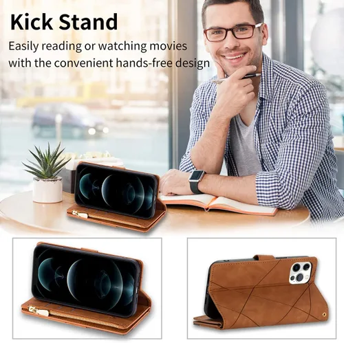 Miniatura 3 de UEEBAI Funda tipo cartera para iPhone 12 Mini de 5.4 pulgadas, retro 9 ranuras para tarjetero, bolsillo con cremallera, cierre magnético, función