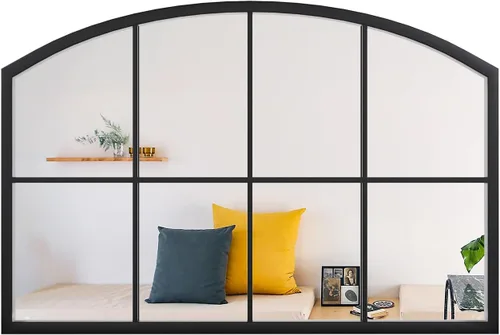 Espejo de Ventana Arqueado, Espejo de Pared de Panel de Ventana Negro Mate, Espejos Decorativos de Rejilla Ancha, Espejos de Marco de Metal en Arco
