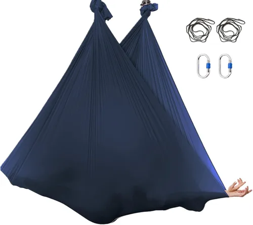 Miniatura 10 de Juego de columpio de yoga de seda aérea de 5.5 yardas - Kit de hamaca de yoga aérea antigravedad volador para fitness, tela de tricot de nailon